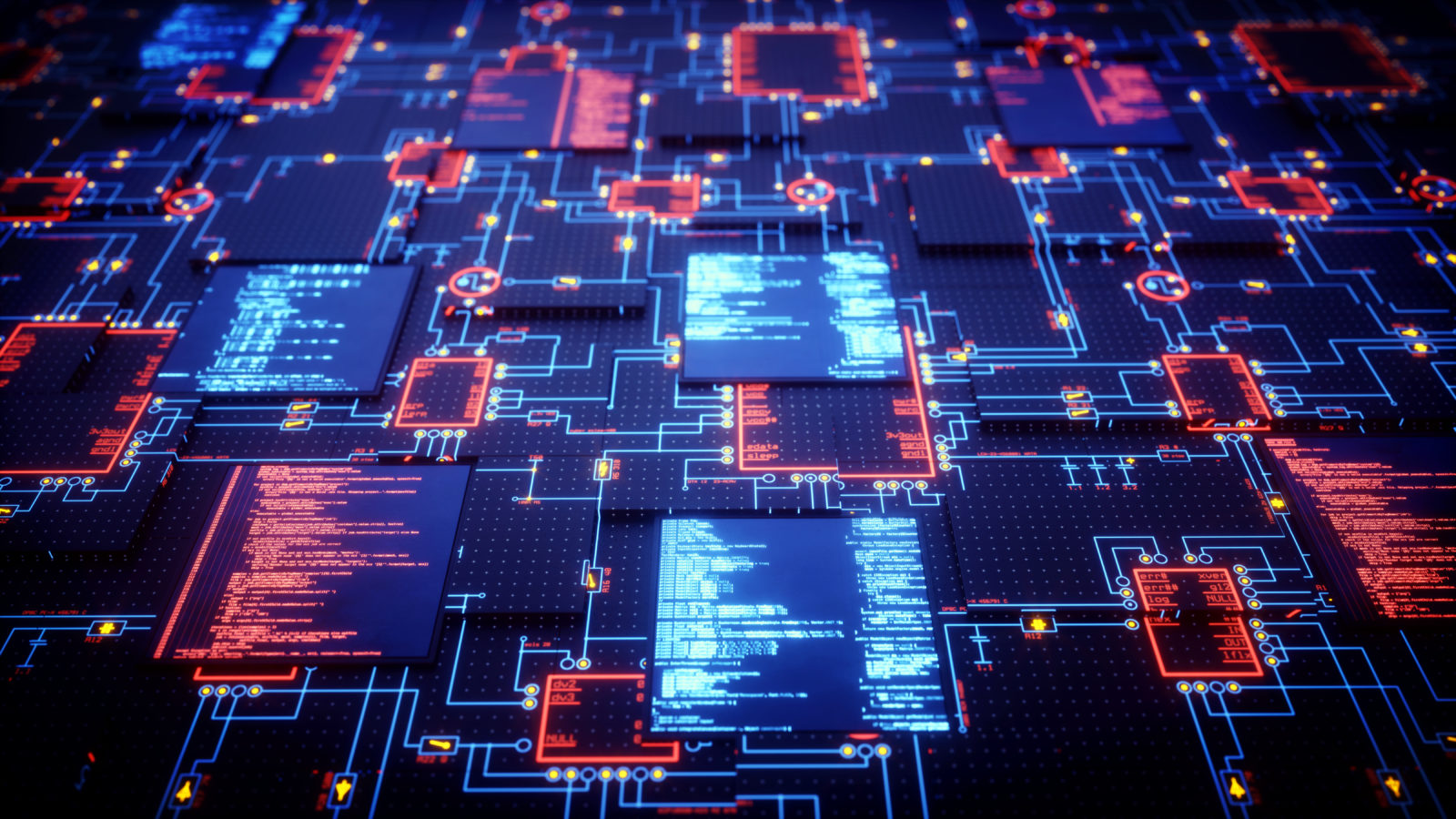 A futuristic design of an integrated circuit with displays showing source code.