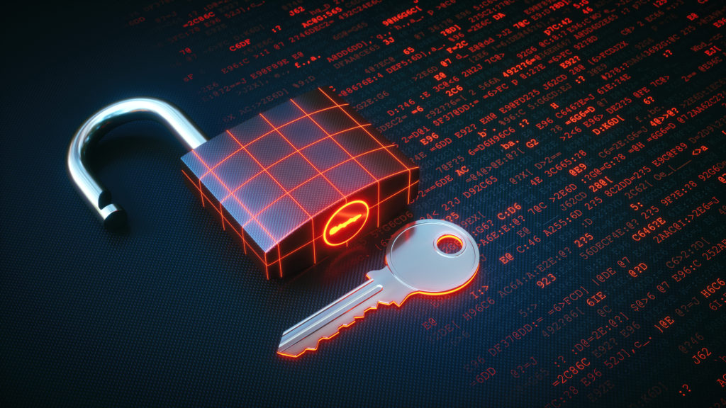 A padlock and key on a dark background representing network security.