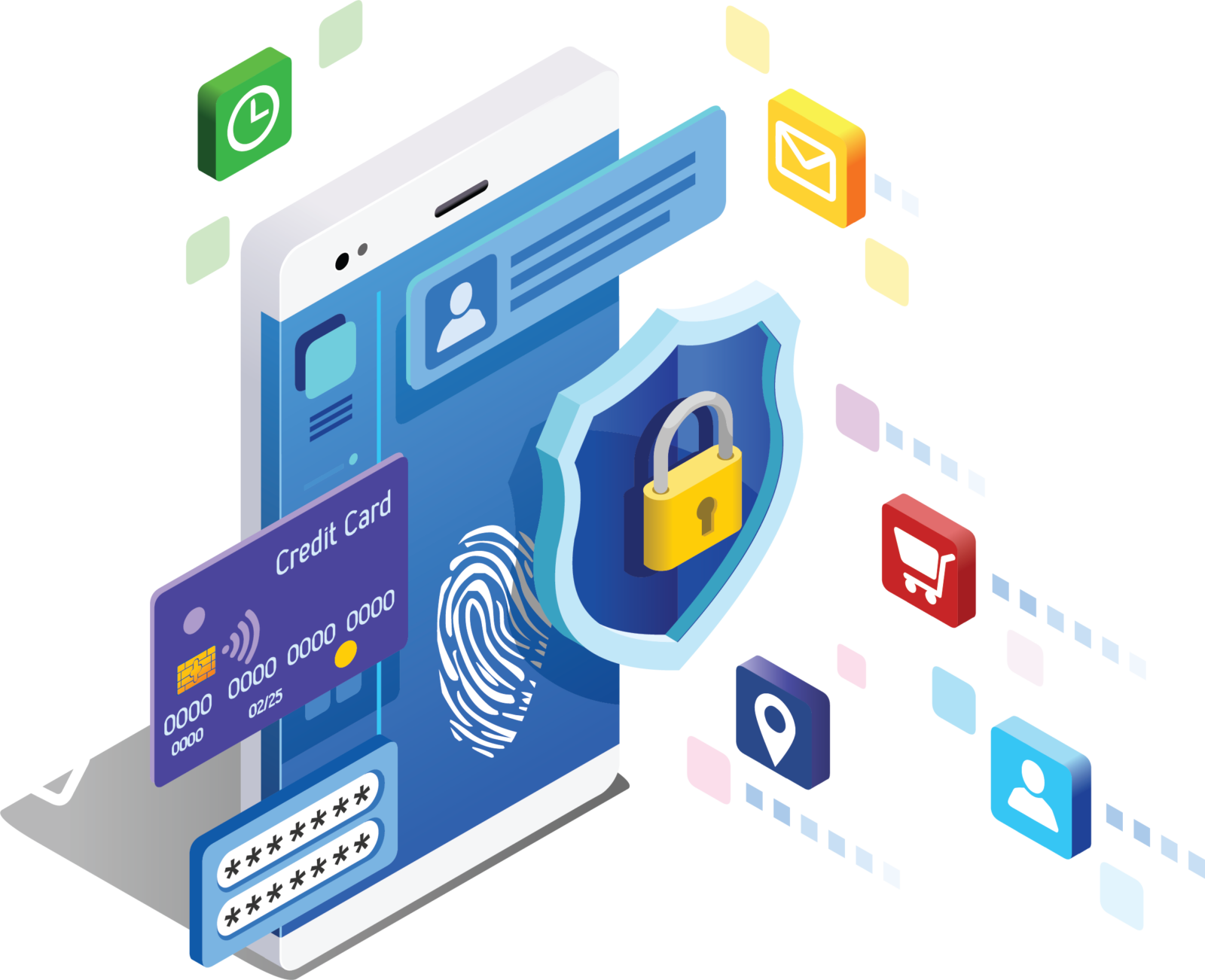 A mobile phone with a padlock and other cyber security icons.
