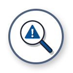 A magnifying glass icon with a SOC as a service warning sign.
