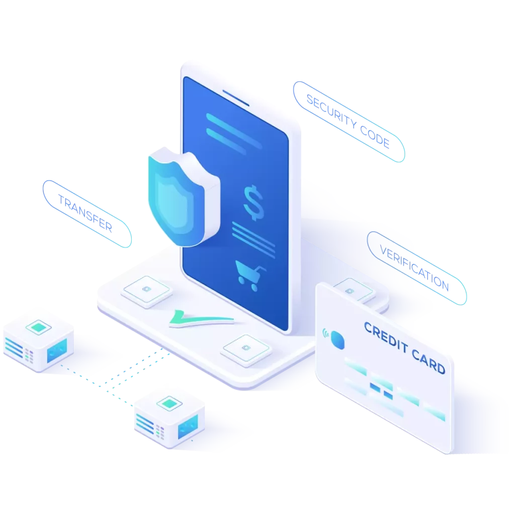 An isometric image of a mobile phone with a credit card and a shield, debunking PCI myths.