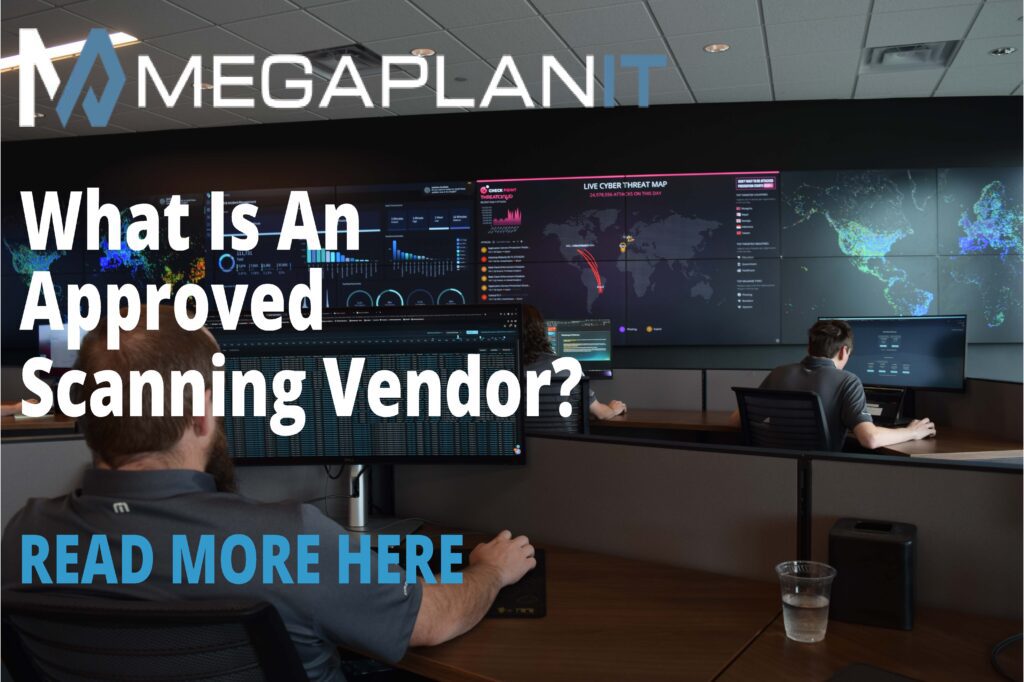 MegaplanIT information banner with a photo in the background of staff working diligently at computers with a wall of computer screens for cyber security.