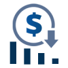 Cost-Down-150px A dollar sign on a blue bar graph representing Threat Intelligence.